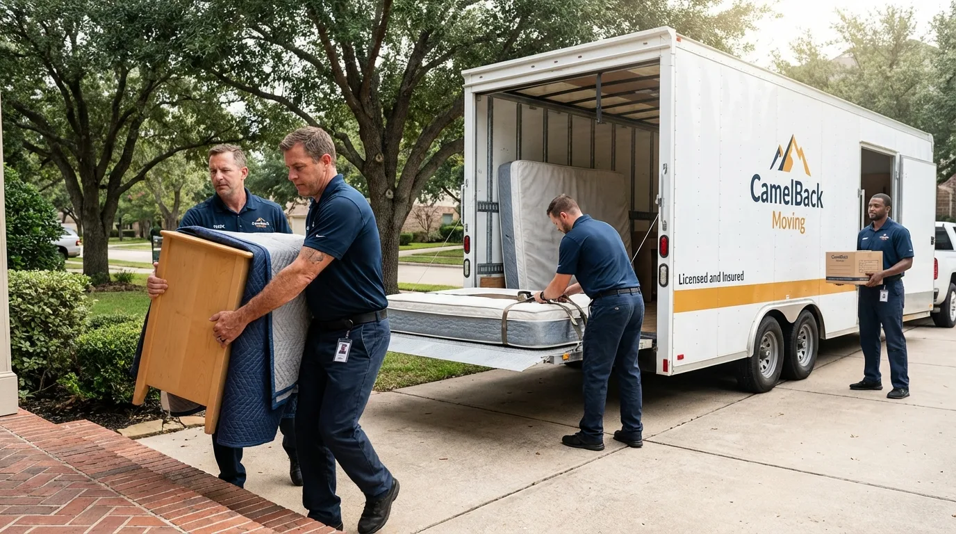 Crew loading residential truck for cross-state move from Helena, OK