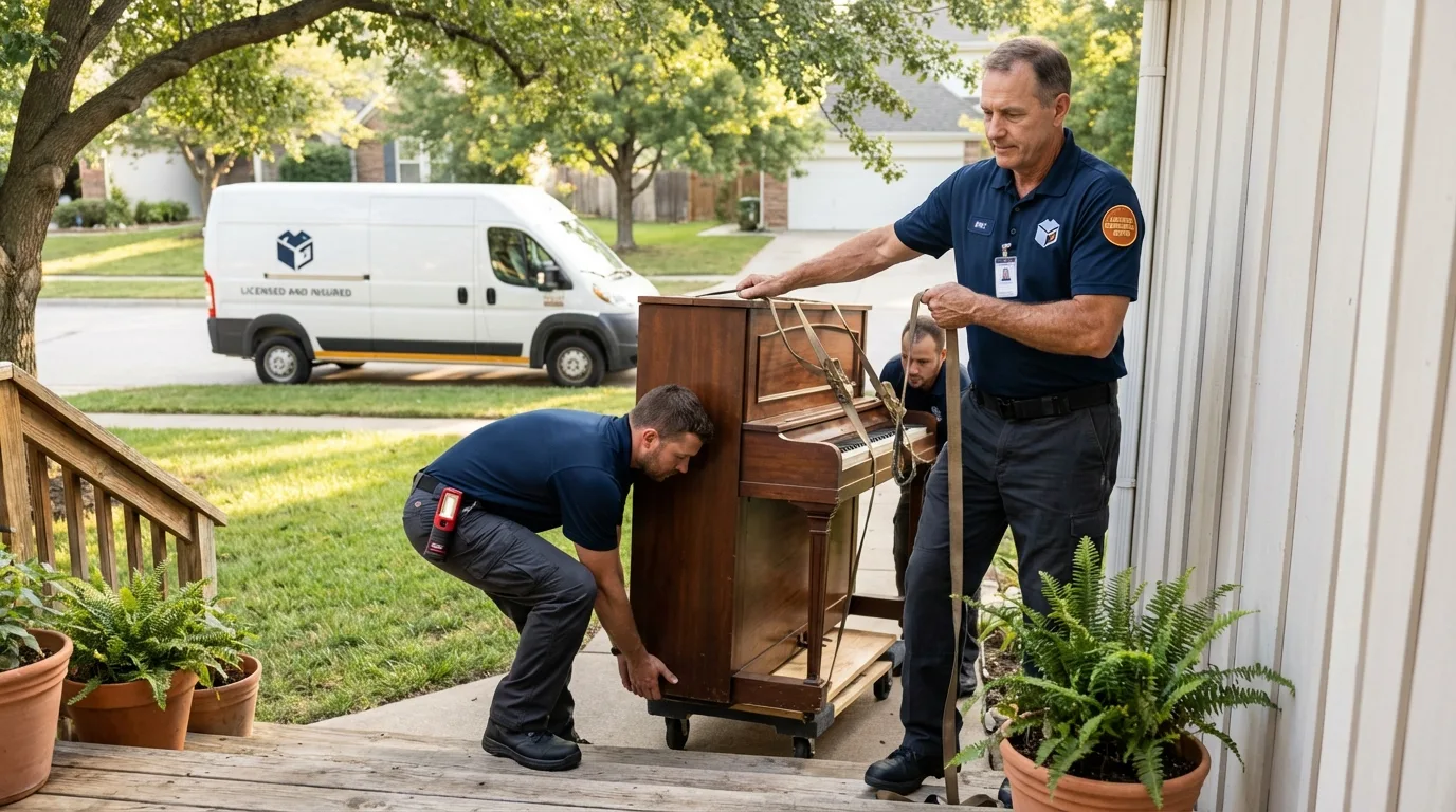 Licensed piano movers securing grand piano in Helena, OK