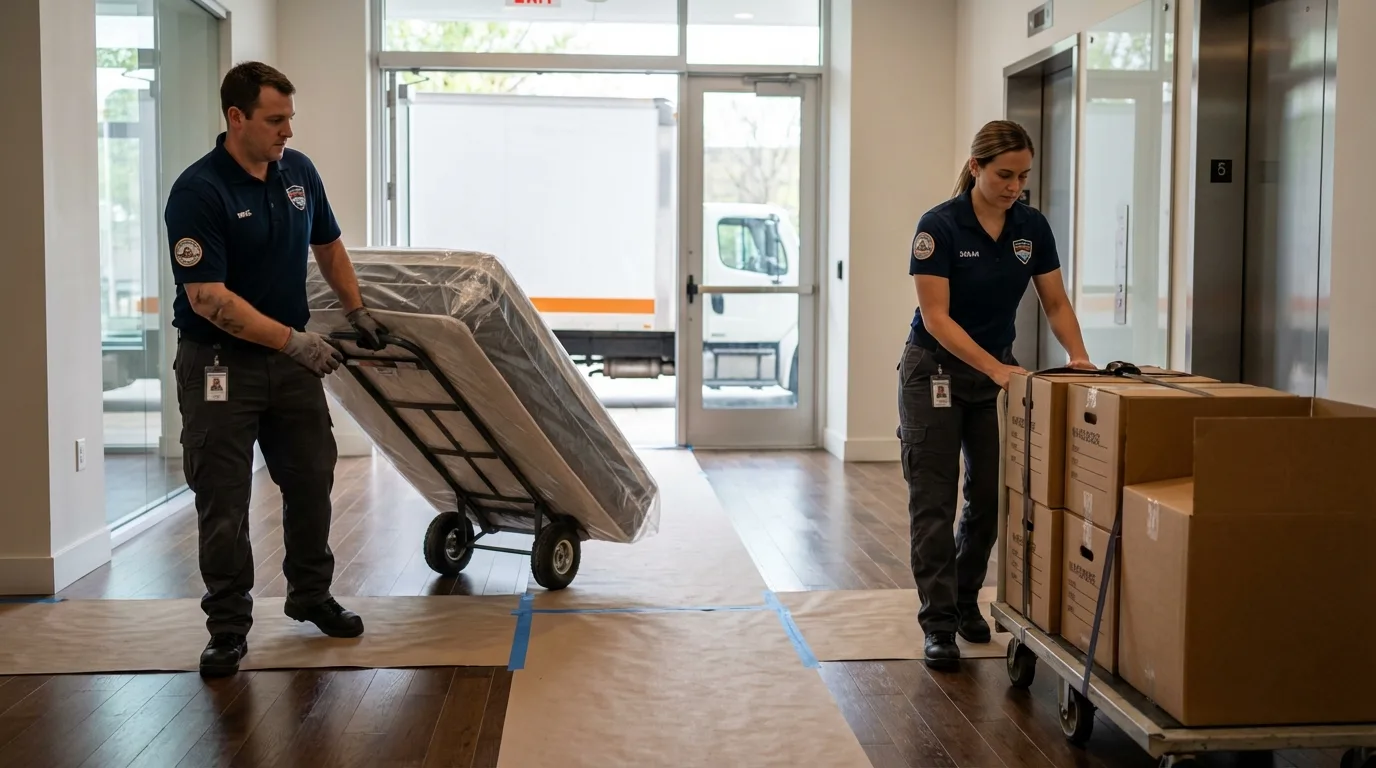 Professional apartment movers loading elevator in Helena, OK