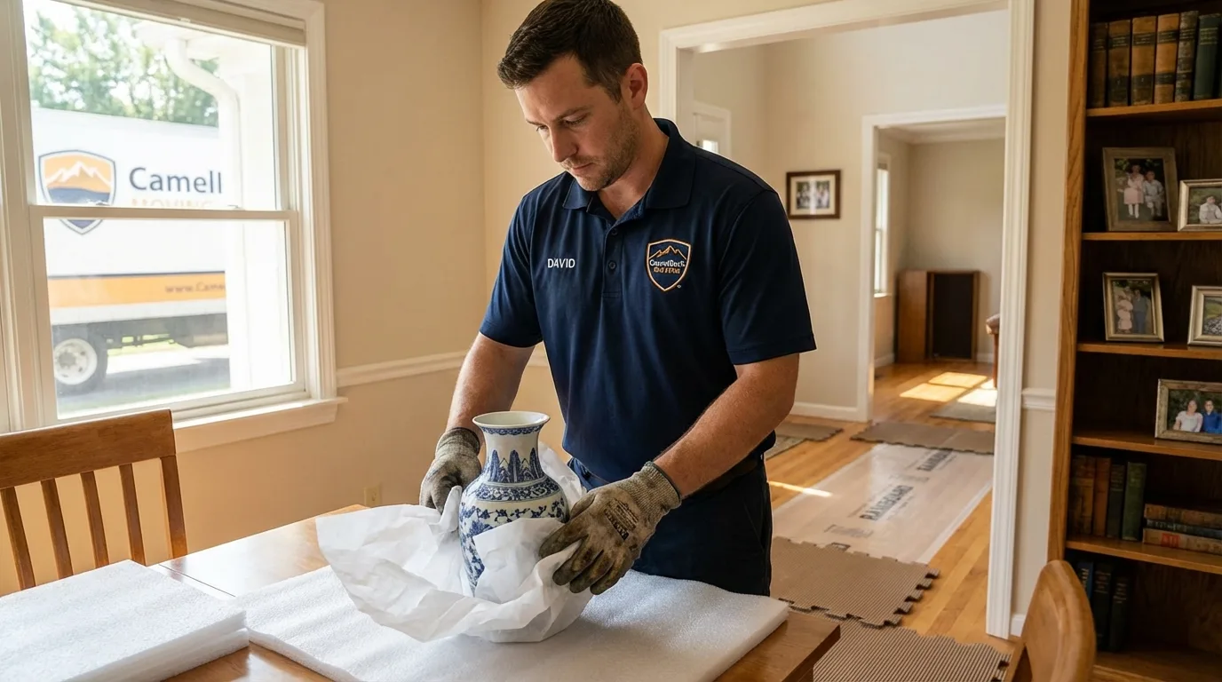 Professional crew carefully wrapping antique vase for senior downsizing move in Helena, OK